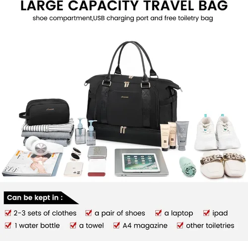 Miniatura 3 de Bolsa de gimnasio para mujer LOVEVOOK Travel Duffel Bag con puerto de carga USB, Negro