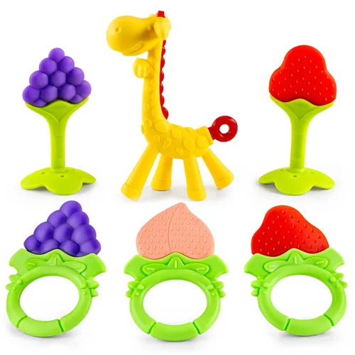 Miniatura 9 de Juguetes para dentición para bebés, paquete de 6 unidades, juego de mordedor para recién nacidos, silicona de grado alimenticio, apto