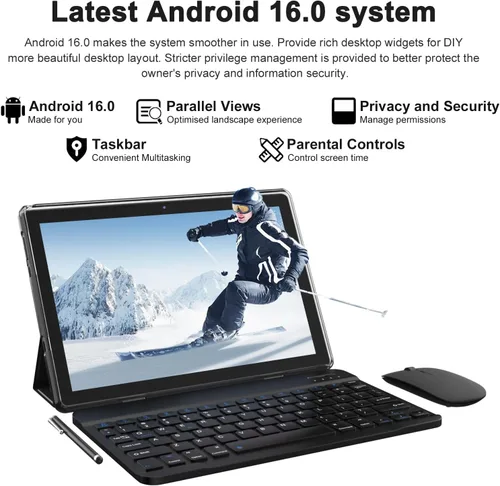 Miniatura 6 de Tablet Android 15 de 10 pulgadas, 12 (3+9) GB RAM+64GB ROM, tabletas 2 en 1 con funda de teclado y mouse Stylus, procesador de cinco núcleos de 1.8