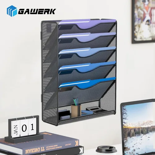 Miniatura 6 de Gawerk Organizador de archivos colgante de 6 niveles, soporte de malla para archivos de pared, estante para carpetas de papel con bandeja plana Negro