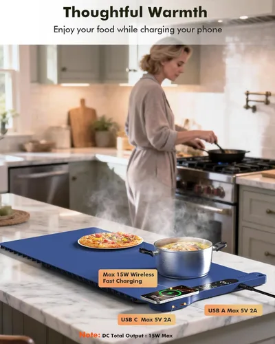 Miniatura 7 de Tapete de calentamiento de alimentos con cargador inalámbrico, calentador de alimentos extra grande de 34 x 15 pulgadas, tapete de calentamiento