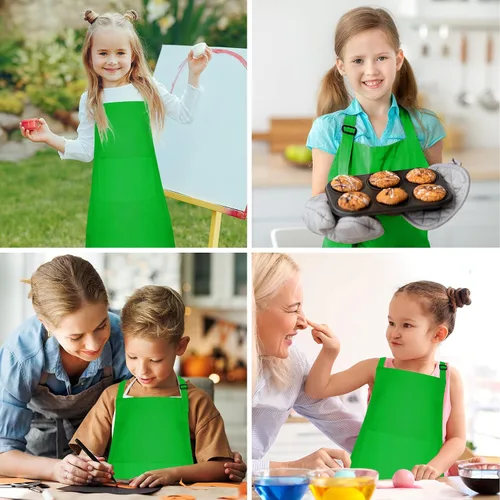 Miniatura 5 de Juego de 5 delantales para niños, delantal ajustable para niños con 2 bolsillos, delantales de chef para niños para pintar, cocinar, hornear, Verde