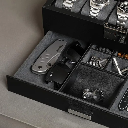 Miniatura 21 de ROTHWELL Caja de reloj de cuero de 10 ranuras con cajón de valet, organizador de exhibición de lujo con forro de microgamuza ultrasuave, soporte