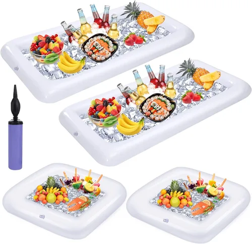 Paquete de 4 recipientes inflables para servir hielo en la piscina, fiesta, bufé, bandeja de hielo flotante, recipientes para bebidas de alimentos