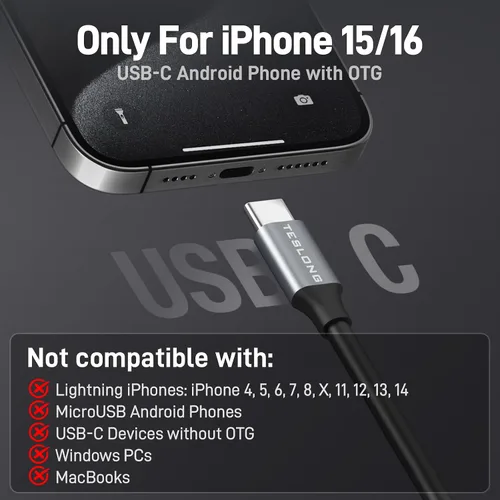 Miniatura 3 de Teslong Cámara de boroscopio USB-C de 50 pies con luz, solo compatible con teléfonos Android iPhone 15/16/17, endoscopio flexible impermeable de 50