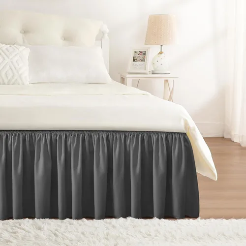 Miniatura 15 de Falda de cama RIMELA envoltura volante elástica que protege contra el polvo con color sólido, resistente a las arrugas y a la decoloración con Blanco