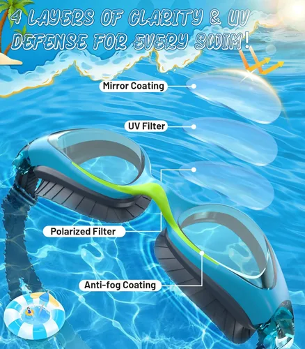 Miniatura 2 de Kids Swim Goggles, Anti-Fog UV Protection, Leakproof Adjustable Strap Swimming Goggles for Boys Girls Ages 6–14 Bluegreen - Lente azul