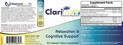 Miniatura 2 de ClariMAG Cápsulas Magnesio mejorado 120 unidades Relajación y apoyo cognitivo Pila nootrópica