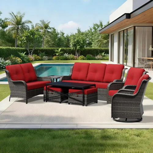 Miniatura 17 de Joyside Juego de sillas de mimbre para patio, juego de 3 piezas de mimbre para exteriores con 2 sillas reposabrazos y 1 mesa auxiliar para terraza