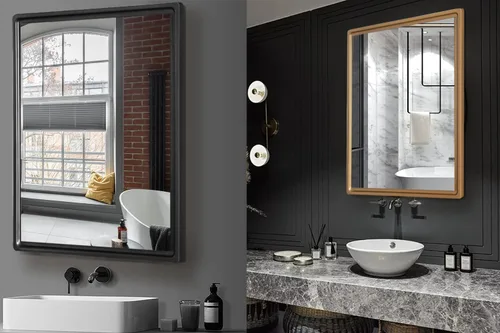 Miniatura 6 de Botiquín de baño de 16 x 20 pulgadas con espejo con marco dorado, gabinete de almacenamiento empotrado o de montaje en superficie, diseño rústico