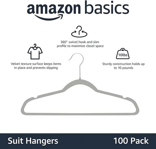 Miniatura 2 de Amazon Basics Perchas delgadas de terciopelo, antideslizantes y duraderas para trajes, armario, abrigos, pantalones, camisas, gris/plata, paquete