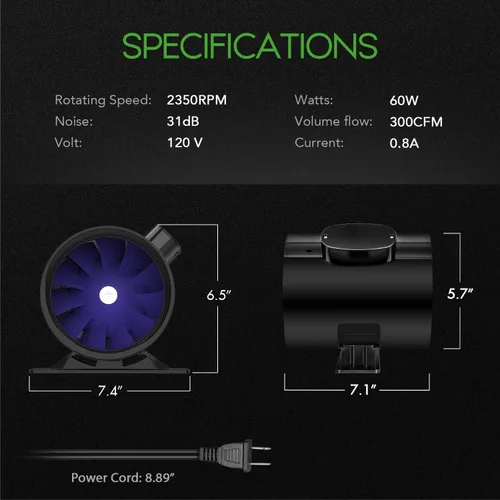 Miniatura 2 de iPower Ventilador de refuerzo de ventilación de 6 pulgadas y 300 CFM con cable de alimentación a tierra, soplador de escape silencioso en línea