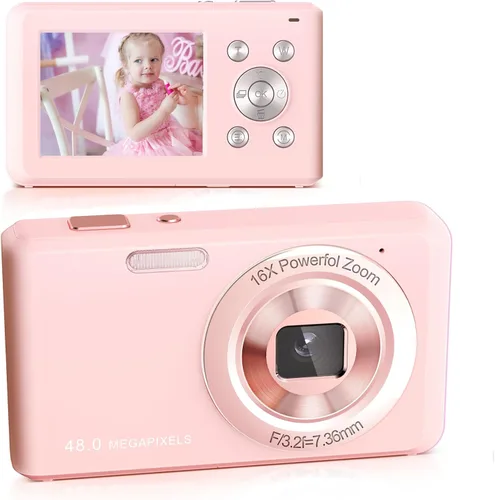 Cámara digital, cámara compacta FHD 1080P con tarjeta de 32 GB, cámara de 48 MP LCD de 2.4 pulgadas, zoom digital 16X para niños, estudiantes,