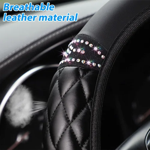 Miniatura 2 de Funda brillante para volante de coche, 14.5-15 pulgadas, piel de oveja con cristales de estrás elástica, protector de volante de vehículo