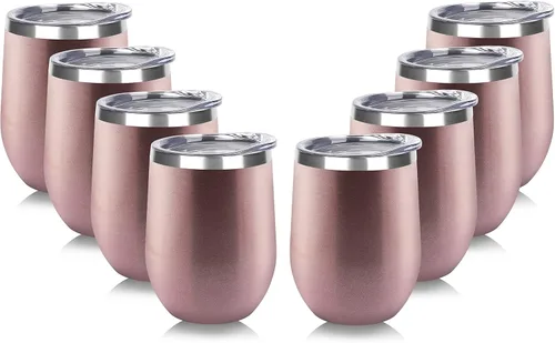 Miniatura 39 de DOMICARE - Juego de 8 vasos de vino de 12 onzas con tapa, hechos de acero inoxidable con aislamiento al vacío de doble pared, color celeste Azul