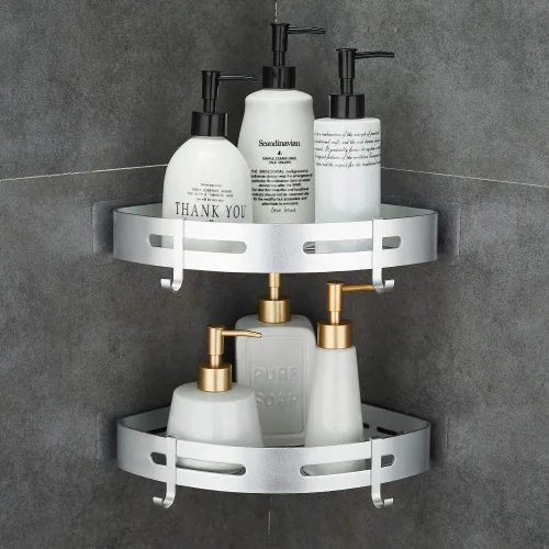 Miniatura 8 de Estante de esquina adhesivo para baño, organizador de ducha para cocina, inodoro, sin perforaciones, 2 niveles, estantes esquineros de baño