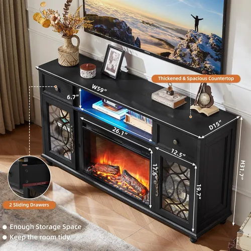 Miniatura 7 de Joaxswe - Soporte de TV estilo rústico con chimenea, centro de entretenimiento de 59 pulgadas con chimenea eléctrica y luces LED para televisores