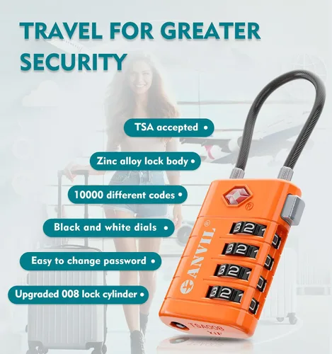 Miniatura 5 de ANVIL Cerraduras de equipaje de 4 dígitos, cerraduras TSA para equipaje, núcleo avanzado TSA008, indicador de alerta para su cerradura de viaje