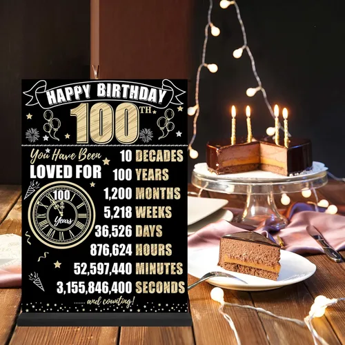 Miniatura 5 de Decoración de cumpleaños número 100 para hombres y mujeres, póster de mesa de madera de dos caras con soporte para fiestas, soporte para exhibición