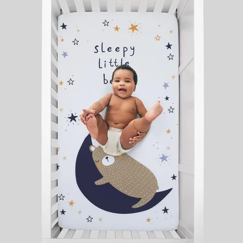 Miniatura 3 de NoJo Goodnight Sleep Tight - Sábana bajera ajustable de oso blanco y azul, luna y estrella, 100% algodón, con foto, color azul claro, azul marino