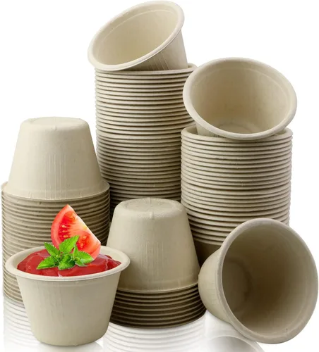 LeonBach Paquete de 100 cuencos de fibra de bagazo natural, cuencos pequeños de papel desechables de 4 onzas para microondas, tazas seguras para