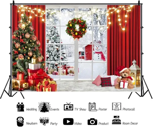 Miniatura 3 de Laeacco Telón de fondo de poliéster de 5 x 3 pies con ventana de Navidad, escenario de fotografía, árboles de Navidad, regalos, luces con purpurina