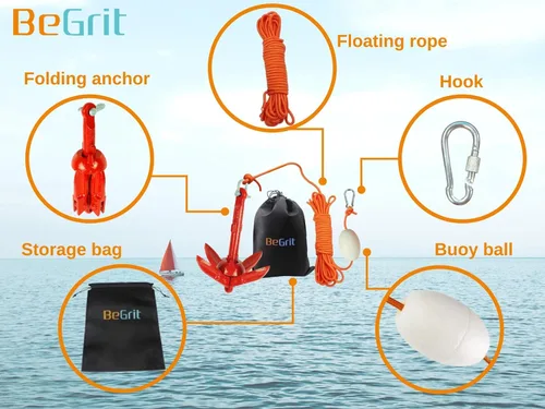 Miniatura 3 de BeGrit Ancla de kayak Anclaje de barco pequeño Anclaje marino plegable para pesca, kayak, tabla de remo, canoa, moto acuática, con bolsa de rojo