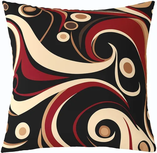 Geometric Decor Pillow Cover 16x16 Inch Red Black Brown Stripes Circles Cushion Case for Kids Teens Adults Abstract Spiral Swirls Retro Cushion