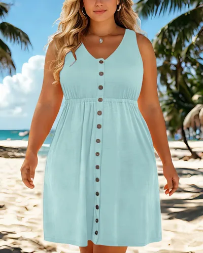 Miniatura 47 de Holipick Vestidos de verano para mujer, talla grande, casual, con bolsillos, acampanado, con botones, sin mangas, cuello en V