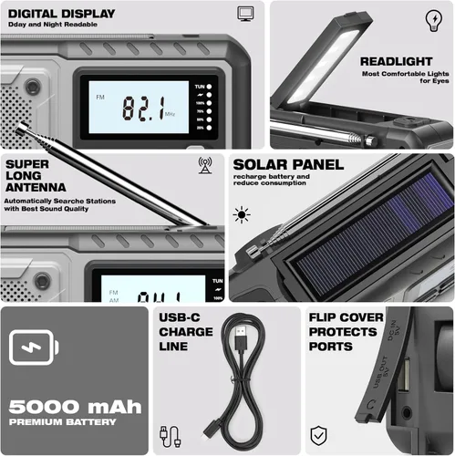 Miniatura 6 de Radio de emergencia meteorológica 5000mAh con manivela solar, gadgets geniales para hombres, papá, esposo, radios meteorológicas portátiles NOAA AM