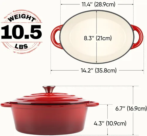Miniatura 3 de Horno Holandés Ovalado para Hornear Pan, Olla Holandesa de Hierro Fundido Esmaltado Antiadherente de 4.5 Cuartos de Galón con Tapa, Cacerola Ovalada