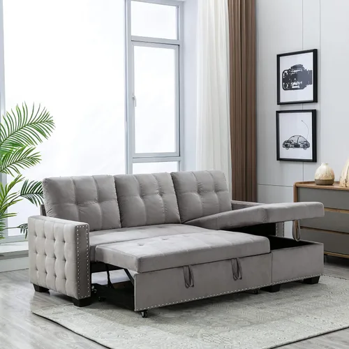 Miniatura 4 de Sofá modular con cama extraíble, sofá esquinero tapizado de terciopelo de 76.8 pulgadas con marco de madera maciza de 2 asientos y diván de Gris