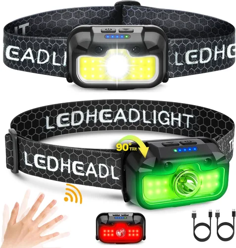 Favorlite - Paquete de 2 faros recargables, 1300LM LED con luz roja y verde, 7 modos, ajuste de memoria, control de gestos, tipo C, resistente al
