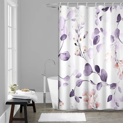 Miniatura 18 de Cortina de ducha pequeña de eucalipto azul acuarela, juego de cortinas de ducha pequeñas impermeables con diseño floral de primavera con ganchos, 36