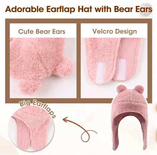 Miniatura 4 de Conjunto de gorro y manoplas de forro polar para bebé, gorro de invierno para niños pequeños, bufanda cálida con orejas de bebé, bufandas