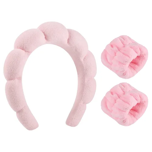 WSICSE Diadema de esponja rosa para lavar la cara, diademas para el cuidado de la piel acolchadas para mantener el cabello seco, prepárate para el