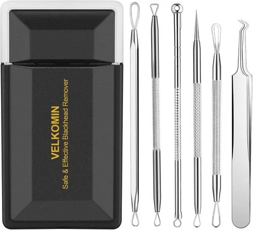 VELKOMIN Kit de herramientas para quitar puntos negros, juego de 6 piezas de extractor de espinillas de acero inoxidable con pinzas, garantía de
