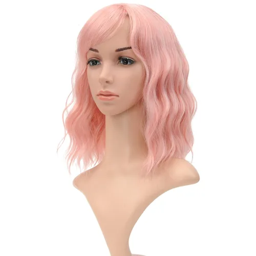 VCKOVCKO Peluca natural ondulada rosa pastel, pelucas coloridas con flequillo de aire, pelucas cortas estilo Bob para mujer, pelucas largas hasta el