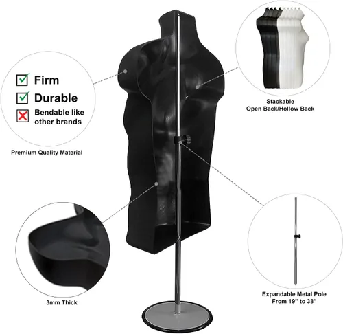 Miniatura 2 de Maniquí de torso masculino y femenino con soporte de metal, cuerpo con respaldo hueco, apilable, forma de vestido para exhibición de camisetas