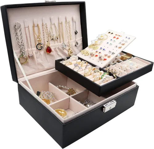 Organizador de joyas para mujer organizador grande de joyas de viaje de 2 capas de piel sintética con forro suave para mujeres y niñas anillos