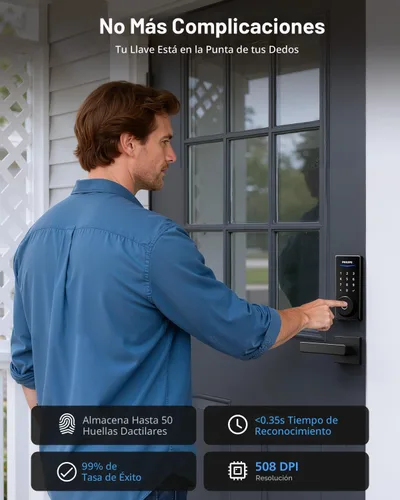 Miniatura 4 de Philips Cerradura inteligente WiFi integrada + 2 niveles, cerraduras inteligentes para puerta delantera, cerrojo de teclado digital con asa, huella