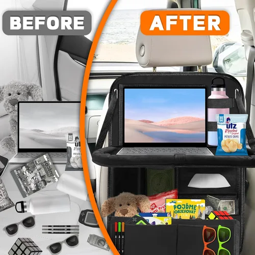 Miniatura 5 de Organizador de asiento trasero de automóvil con bandeja de mesa, organizador de almacenamiento de 12 bolsillos con soporte para tableta, organizador