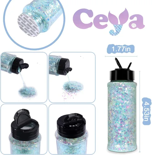 Miniatura 3 de Ceya Brillantina gruesa, 3.3 onzas/3.35 oz azul cielo mezcla de purpurina fina en copos de polvo iridiscente para uñas de resina epoxi, vasos