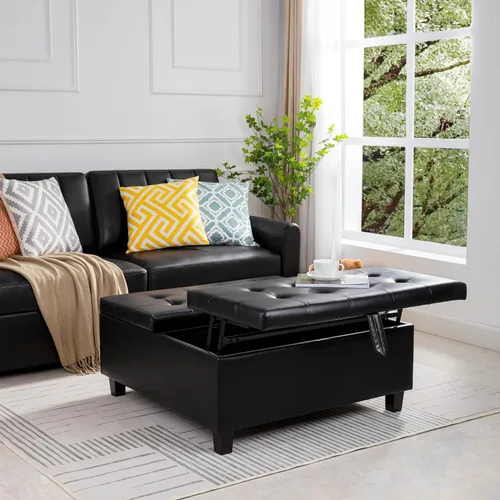 Naomi Home Ciara - Banco otomano tapizado de cuero negro de 35 pulgadas, mesa auxiliar cuadrada grande de almacenamiento, caja de juguetes, taburete