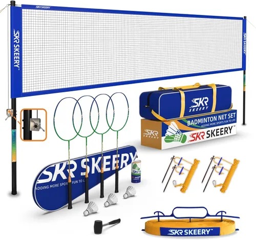SKEERY Juego de bádminton profesional con sistema de cabrestante, red de bádminton portátil incluye raquetas de bádminton de aluminio de carbono,