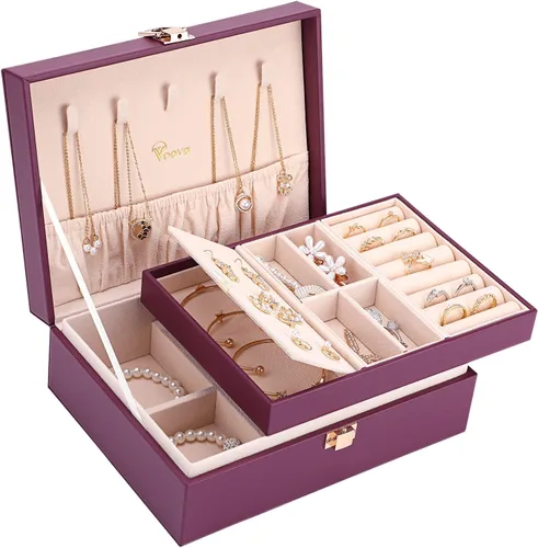 Voova - Joyero organizador para mujeres y niñas, 2 capas de almacenamiento de joyas grandes para hombres, soporte para joyas de piel sintética con