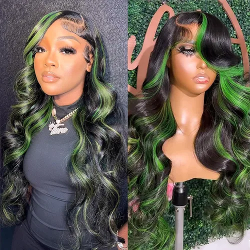 Miniatura 6 de Missyvan - Pelucas de encaje frontal verde para mujeres, ondas corporales, con detalles en negro y verde, tiras de rayas de zorrillo, sin pegamento