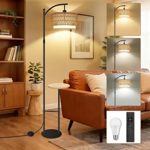 Lámpara de pie de arco con mesa, lámparas de pie de ratán boho para sala de estar con control remoto regulable 3 temperaturas de color, lámpara de
