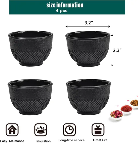 Miniatura 6 de Sungmor Tazas de Té de Hierro Fundido Negras, Juego de 4 y 5 oz - Tazas de Té Japonesas con Interior Esmaltado, Juego de Té Tradicional Gongfu