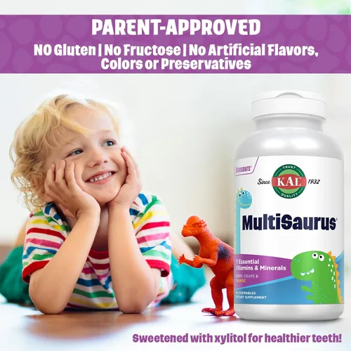 Miniatura 4 de KAL MultiSaurus - Multivitaminas masticables para niños, 11 vitaminas y minerales esenciales para niños, bayas, uva, naranja, sin gluten y fructosa